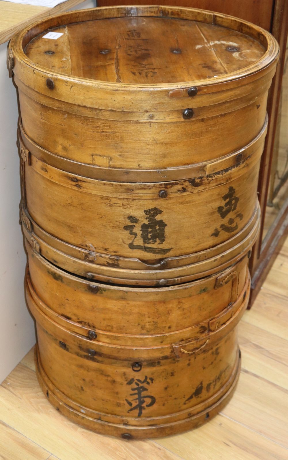 A Chinese cylindrical four section stacking bread storage box, diameter 51cm height 81cm